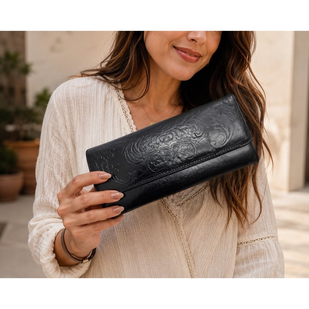 HOBO International Black Leather Embossed Floral Continental Wallet Clutch